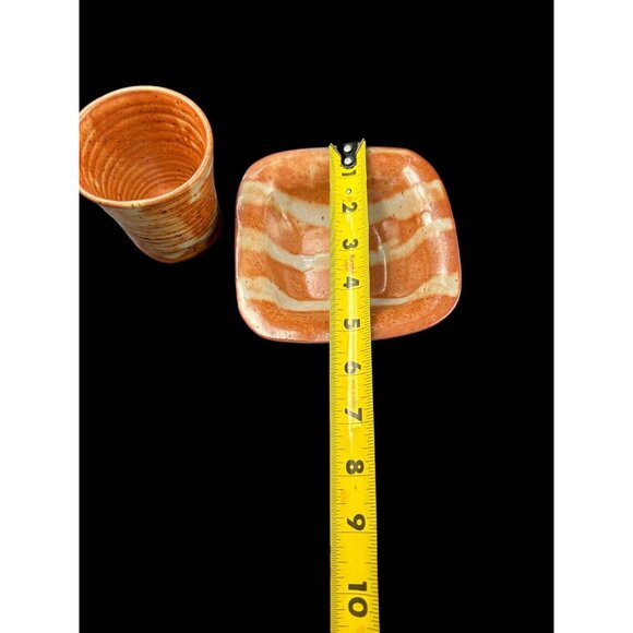 Set of 2 Vintage Hand Thrown Stoneware Art Pottery Soap Dish & Cup Speckled - Picture 11 of 13